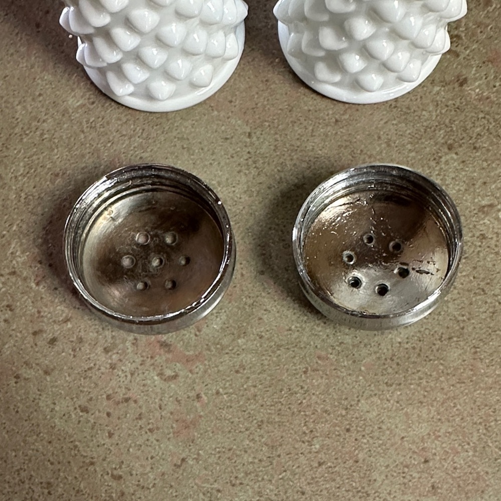 Fenton White Hobnail Salt and Pepper Shakers with Silver Tops - Picture 5 of 9